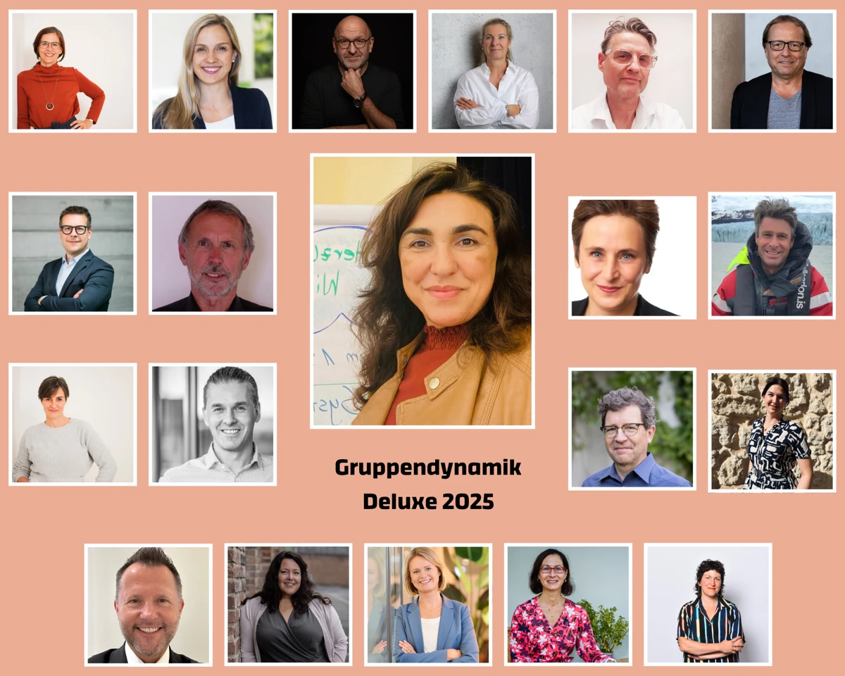 Collage der Gäste der Reihe Gruppendynamik Deluxe 2025, in der Mitte Asiye Balıkçı-Schmidt